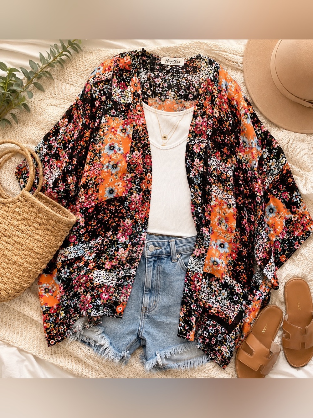 Haptics Floral Patchwork Kimono Cardigan Boho Open Front Large Festival Layer